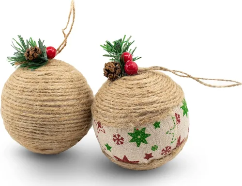 Vista 7 de 12 adornos rústicos para árbol de Navidad, decoración navideña estilo granja, bola navideña de arpillera de yute natural