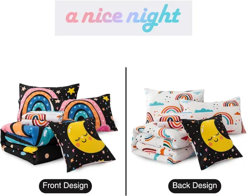 Vista 5 de A Nice Night Juego de ropa de cama de 6 piezas de arcoíris de dibujos animados con luna sonriente impresa para niños y niñas, juegos de edredón