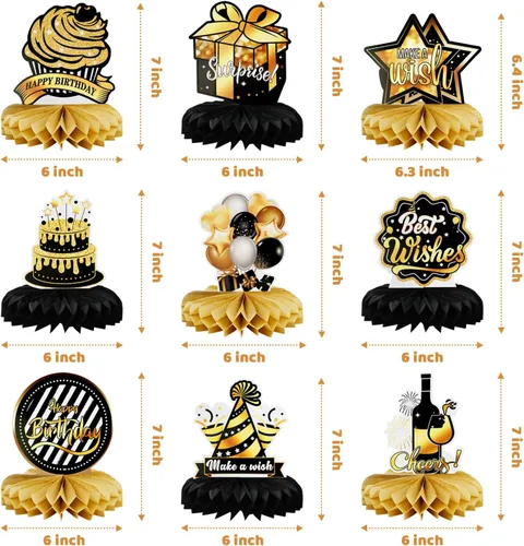 Vista 2 de 9 piezas de decoración de mesa de fiesta de cumpleaños, centros de mesa de panal de abeja de oro negro para mesa, decoración de mesa de cumpleaños