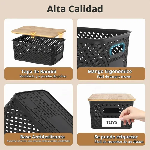 Vista 3 de Contenedores de almacenamiento de plástico con tapas de bambú, canastas pequeñas apilables para organización y contenedores para estantes, cajones