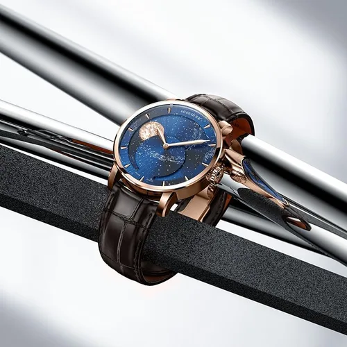 Vista 7 de AGELOCER Luxury Automatic Mechanical Watch, Original Men Watch with 3D Starry Sky Moon Phase Watch Dial Skeleton Leather Men's Wrist Watch