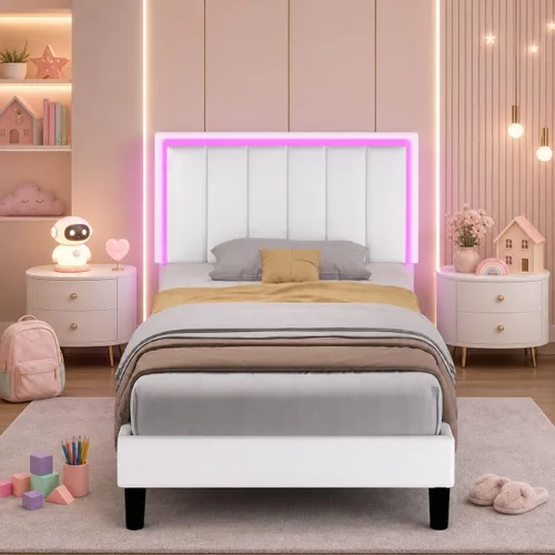 Vista 13 de IMMERSTABLE - Bases de cama tamaño individual, tapizadas con cabecero, luces LED RGB, soporte resistente con listones de madera, sin ruido, no Negro