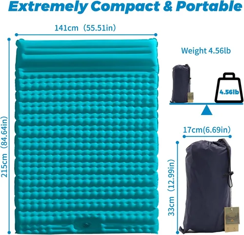 Vista 4 de Colchoneta de dormir doble para acampar, colchón inflable de gran grosor con almohada incorporada, inflable y compacta para acampar, senderismo