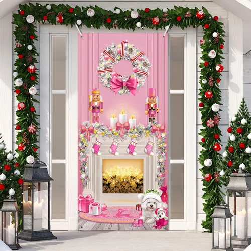 Vista 11 de Buryeah Decoración de puerta de Navidad, cubierta de puerta de chimenea de Navidad, pancarta de cascanueces de Navidad, telón de fondo, soporte
