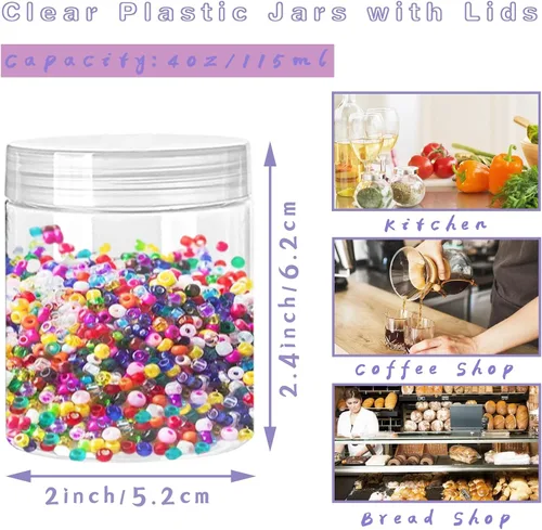 Vista 2 de Paquete de 20 tarros de plástico transparente de 4 onzas con tapas, recipientes de almacenamiento recargables de boca ancha de 3.9 fl oz