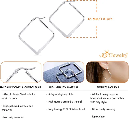 Vista 4 de 555Jewelry - Pendientes de aro cuadrado de acero inoxidable para mujer