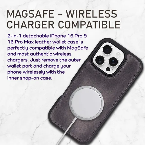 Vista 43 de Bayelon Funda tipo cartera para iPhone 15 Pro, cartera de cuero de grano completo, funda magnética desmontable, tarjetero, funda tipo cartera
