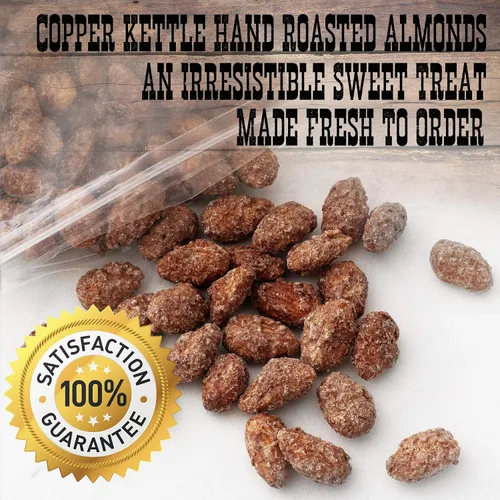 Vista 3 de Pop'N Nuts Almendras tostadas con canela, 24 onzas de nueces glaseadas dulces confitadas Roasted in a German copper kettle. Cinnamon, vanilla and