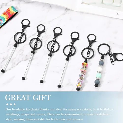 Vista 2 de Huwena 6 piezas de llaveros con cuentas, barras en blanco, llavero de cuentas de metal para colgante, manualidades, joyería, regalo