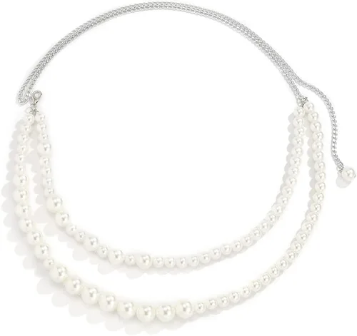 Vista 5 de Jumwrit Collar de cadena de perlas en capas y cinturón de cadena de cintura de plata, ajustable, accesorios para mujer, Perla, aleación