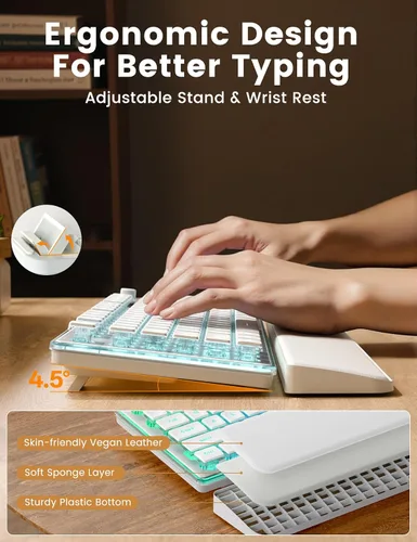 Vista 3 de Combo de teclado y mouse inalámbricos, 9 efectos retroiluminados, reposamuñecas, teclas de doble disparo, panel de metal, recargable de larga Blanco
