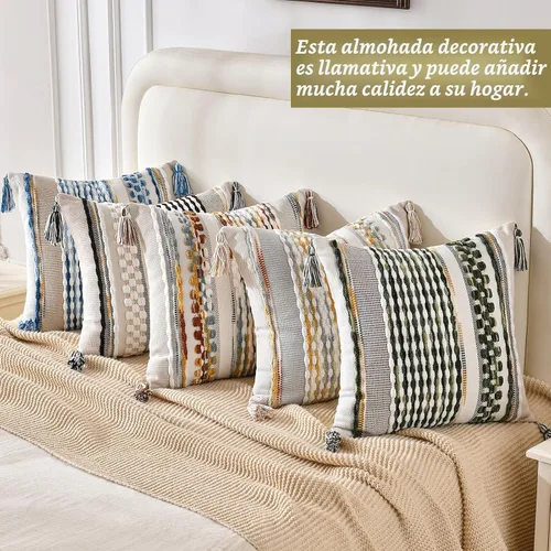 Vista 4 de AmHoo - Fundas de almohada de 18 x 18 pulgadas con borlas, fundas de almohada decorativas tejidas con textura de chenilla estilo boho para sofá