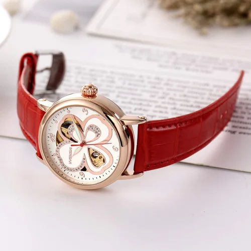 Vista 3 de RORIOS Reloj de esqueleto para mujer, reloj automático de cuerda automática con correa de cuero, reloj de pulsera para mujer