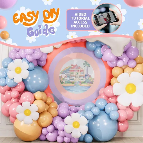 Vista 6 de Kit de arco de globos azules TODO EN 1 con globos BONUS de hueso y margarita para decoración de cumpleaños de niña - Guirnalda de globos pastel