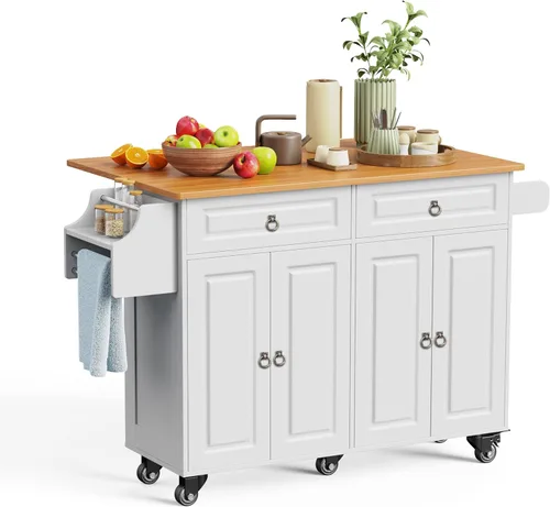 Vista 10 de Aiho Carrito de isla de cocina con almacenamiento, carritos móviles de 52 pulgadas con mesa de cocina rodante con toallero, estante de especias