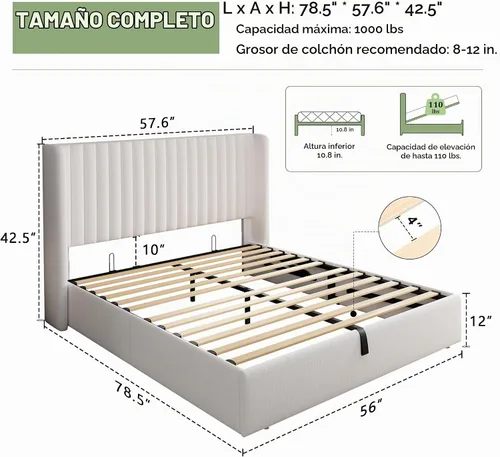 Vista 2 de Feonase Marco de Cama de Almacenamiento Elevable de Tamaño Completo, Marco de Cama Plataforma Tapizado en Terciopelo con Cabecera Wingback