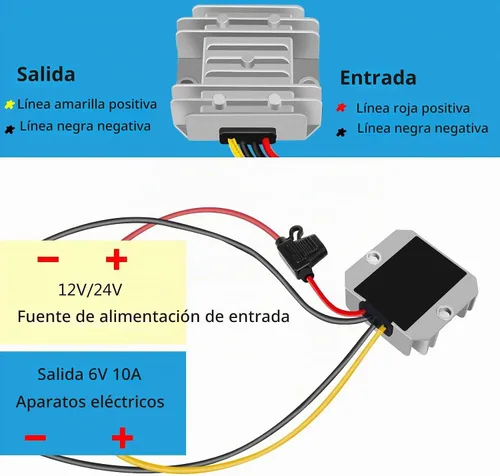 Vista 6 de Convertidor reductor DC-DC 6V 10A 60W 12V 24V a 6V Convertidor de transformador de potencia con fusible, regulador de voltaje impermeable..