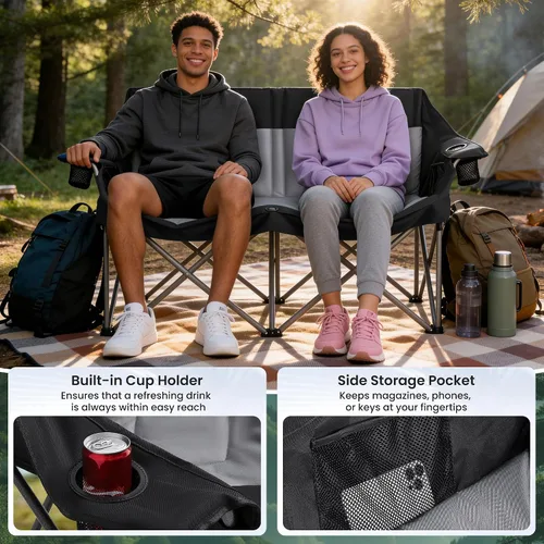 Vista 7 de Silla plegable doble de camping para 2 personas, resistente y de gran tamaño, soporta 800 libras con portavasos y bolsillo lateral para campamento