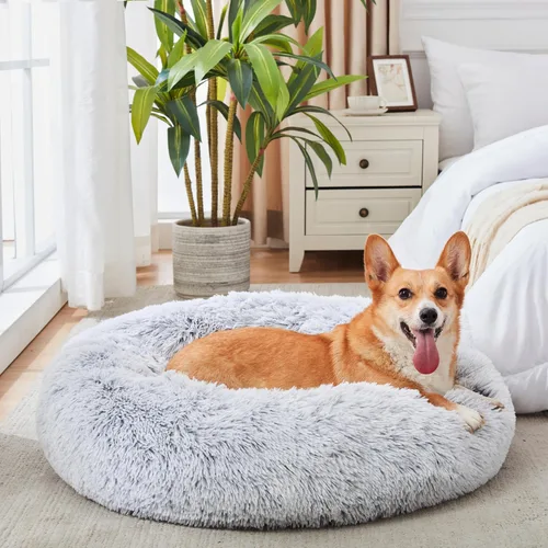 Vista 37 de Cama calmante para perros y gatos, cama antiansiedad, de felpa, con forma de dona, redonda, acolchada, de piel sintética, suave y esponjosa