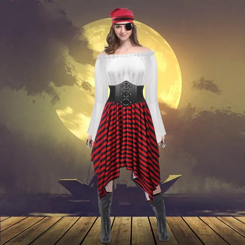 Vista 6 de SHOHOKU 7 piezas de disfraz de pirata para mujer, blusa renacentista, blusa con corsé, cinturón de cintura, falda pirata, traje de cosplay de pirata