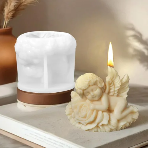 Vista 4 de Moldes de silicona para velas de ángel rosa, molde de fundición de resina para hacer velas de bricolaje, yeso de arcilla polimérica