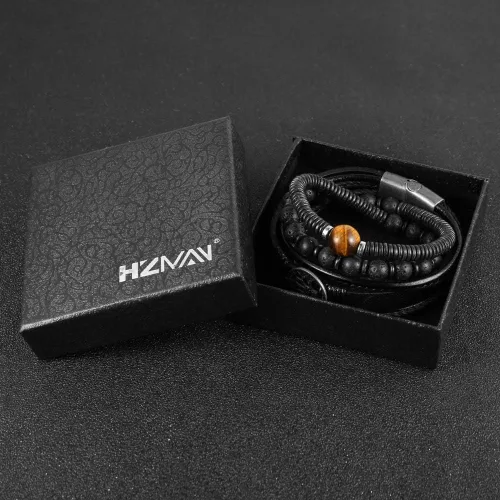 Vista 5 de HZMAN Pulseras de cuero genuino con diseño de árbol de la vida para hombres y mujeres, diseño de ojo de tigre, piedra natural, cuentas de roca