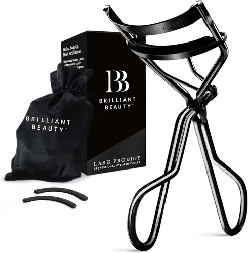Vista 8 de Brilliant Beauty - Rizador de pestañas, bolsa de satén y almohadillas de repuesto, color dorado Pestañas rizadas dramáticamente, levantamiento