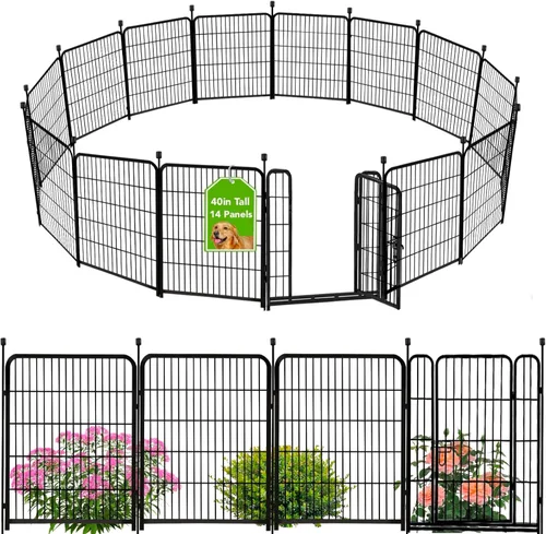 Vista 26 de ADAVIN Valla de jardín de 24 pulgadas de alto con puerta, 4 paneles en total de 9.8 pies de largo, valla de barrera de metal de hierro resistente