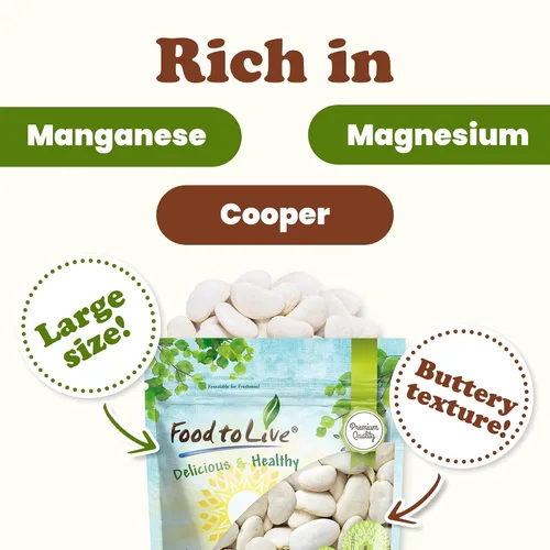 Vista 5 de Food to Live - Frijoles Lima Grandes, 1 Libra - Granos secos de mantequilla. Habas Grandes Cremosas. Buena fuente de proteínas, fibra, hierro