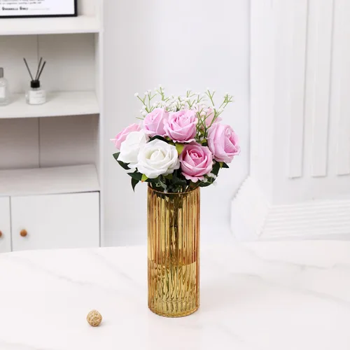 Vista 5 de Jarrón de vidrio ámbar, florero de cristal, jarrón de vidrio acanalado, moderno jarrón para flores, jarrón alto de vidrio para sala de estar, mesa