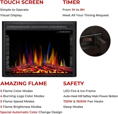 Vista 3 de 36" Electric Fireplace Insert, 5 Flame/12 Log Colors, 5 Speeds, 50-99°F