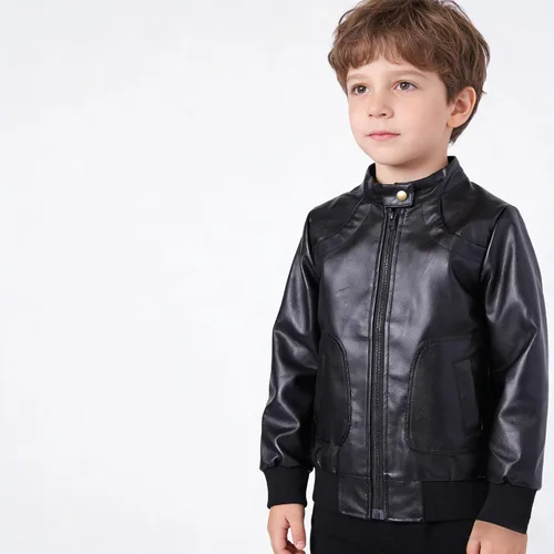 Vista 2 de Chaqueta de moto de piel sintética para niños, cuello alto Negro
