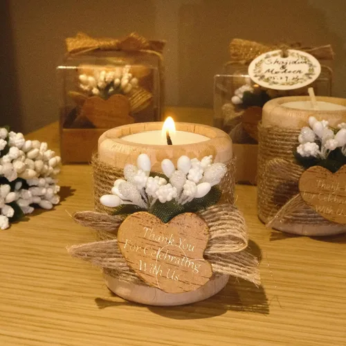 Vista 5 de 12 portavelas de madera para velas de té, regalos de agradecimiento de boda para invitados, centros de mesa de bautismo/despedida de soltera