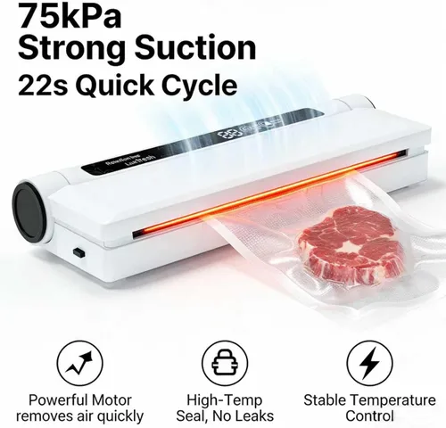 Vista 6 de Máquina selladora al vacío de alimentos, succión fuerte de 75 KPA, modos seco/húmedo, 20 bolsas incluidas, temporizador digital de cuenta regresiva