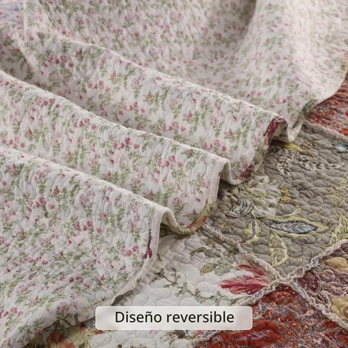 Vista 4 de YAYIDAY Juego de colcha de retazos tamaño Queen, 100% algodón, reversible, transpirable, rojo, multicolor, acolchado con fundas de almohada