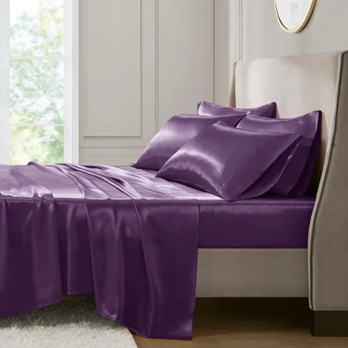 Vista 100 de Madison Park Essentials - Juego de sábanas de satén de lujo y sedoso con brillo natural, bolsillo elástico de 14 pulgadas para colchones de hasta 16