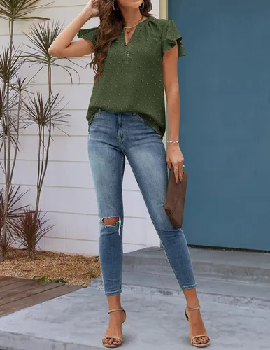 Vista 3 de Zeagoo Blusas fluidas con cuello en V para mujer, manga corta, con volantes, lunares suizos, camisas casuales con botones, tallas S-XXL