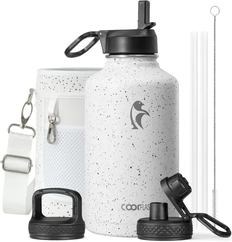 Vista 21 de Coolflask Botella de agua de 20 onzas aislada con pajilla, 3 tapas de metal de acero inoxidable, botella de agua de boca ancha para deportes u