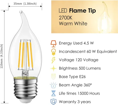 Vista 3 de LVWIT Bombilla LED de filamento con punta de llama, candelabro E26, base regulable 4.5 W (equivalente a 60 W) B11, 2700 K, blanco cálido, paquete