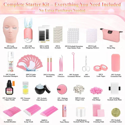 Vista 2 de Kits de extensiones de pestañas Tetutor para principiantes, kit de extensión de pestañas para principiantes con cabeza de maniquí de pestañas, kit