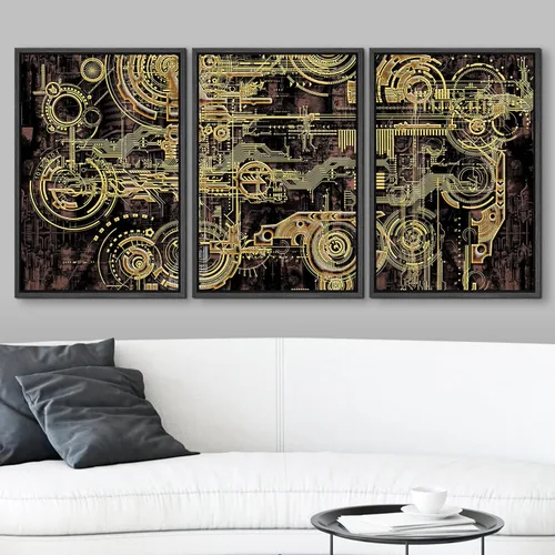 Vista 2 de wall26 Lienzo enmarcado para pared, juego de arte futurista amarillo de ciencia ficción y fantasía con ruedas de tren, ilustraciones