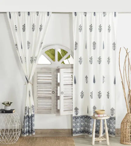 Vista 2 de Madhu International Cortinas bohemias – Juego de 2 paneles de algodón estampado floral para sala de estar, tapiz con bolsillo para barra, cortina