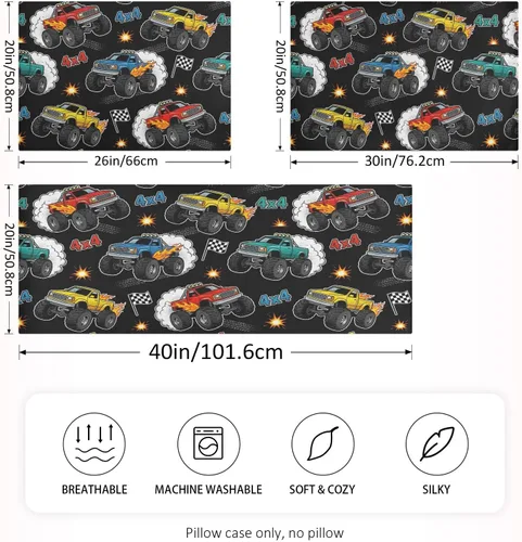 Vista 4 de Fundas de almohada de seda con estampado negro de camión monstruo para cabello y piel, suave, transpirable, suave, refrescante, funda de almohada