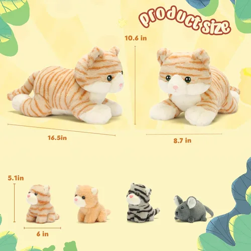Vista 3 de IKASA Mamá gato atigrado naranja peluche mamá y gatitos bebé juguete de peluche lindo 16.5 pulgadas suave mamá pequeña juguete familiar con pequeños