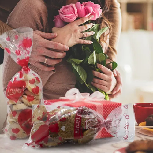 Vista 4 de 150 bolsas de celofán para el día de San Valentín, bolsas de regalo de celofán con corazón de cupido rojo, bolsas de regalo de celofán transparentes