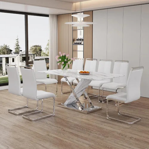 Vista 34 de Juego de mesa de comedor de mármol para mesa rectangular blanca de 6.63 pulgadas con marco de metal plateado en forma de X y 6 sillas de comedor