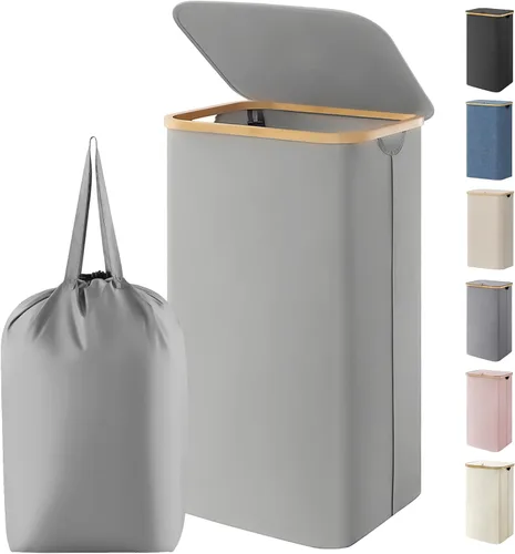Vista 11 de Lifewit Cesta de lavandería de 80 litros con tapa, cestas de ropa para lavandería con asas de bambú y una bolsa de lavandería extraíble, cesta