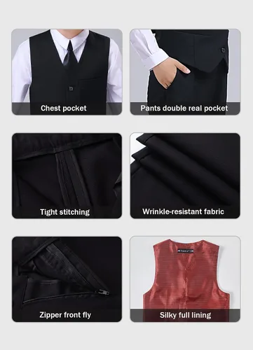 Vista 4 de YuanLu Vestido de traje para niños, traje de portador de anillos, vestidos de regreso a casa, chaleco y pantalones para niños, trajes de esmoquin