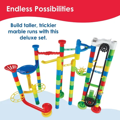 Vista 9 de MindWare Marble Run - Juego de construcción de 110 piezas con 82 piezas de pista, 15 canicas y elevador motorizado