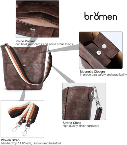 Vista 60 de BROMEN Bolsa Hobo para mujer, diseñada con cuero vegano, de hombro, bandolera